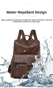 Waterproof vintage brown soft leather backpack for women with silver rivet details