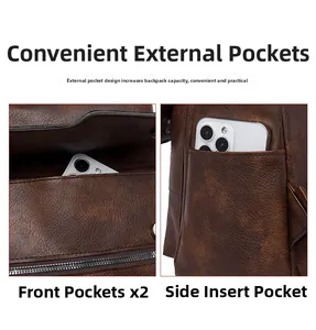 Detail view of brown leather backpack featuring dual front zipper pockets and side slots