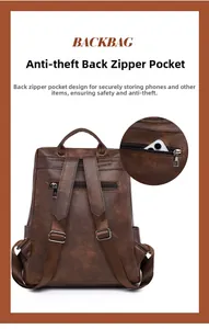 Detail view of the secure back anti-theft zipper pocket on the vintage leather backpack