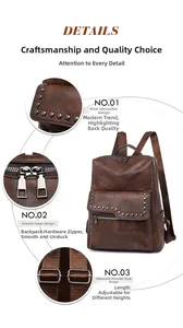 Detailed views of vintage brown soft leather backpack with rivets and adjustable straps
