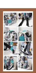 Detail view of graffiti backpack featuring side mesh pockets and reinforced shoulder straps