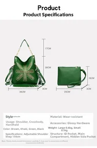 Detailed size chart for green punk rivet tote bag with tassel and matching pouch