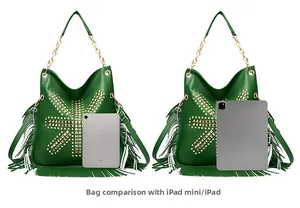 Green fringed tote bag size comparison with iPad mini and standard iPad tablets
