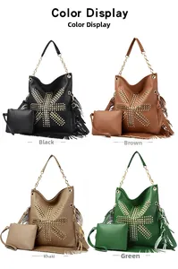Color display of four large rivet tote bags with tassels and matching pouches in various tones