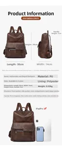 Detailed size comparison of the brown PU leather backpack with iPad Pro and side views