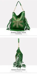 Detail of green punk tote with golden studs, fringe decor, and pebbled faux leather