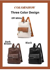 Detailed comparison of vintage leather backpacks in beige, dark brown, and black options