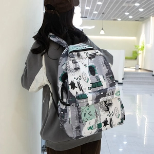 Graffiti style high school backpack in off-white with doodle patterns for daily use