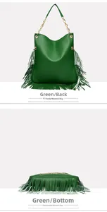 Detailed back and bottom view of dark green leather tote with punk studs and long tassels