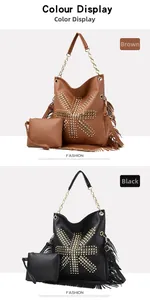 Detail view of brown and black hobo bags with star rivets, fringe, and small pouches