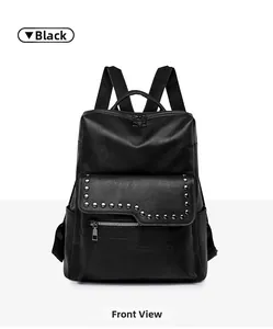 Front detail of black leather backpack with silver U-shaped rivets and zip pocket