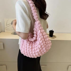 Pink puffy ruched shoulder bag with 3D texture for women, minimalist cloud tote bag style