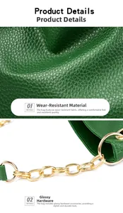 Close-up of green lychee grain leather texture and glossy golden hardware chain on bag