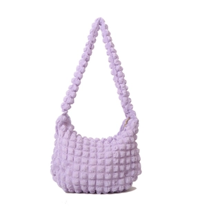 Minimalist light purple bubble textured shoulder bag with soft popcorn fabric and zipper