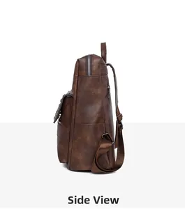 Side view of dark brown leather backpack showing zippers, rivets and adjustable straps