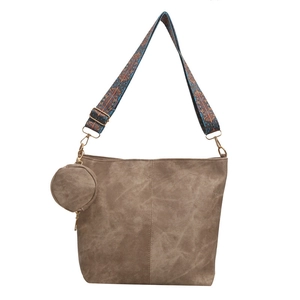 Retro brown canvas bucket bag with bohemian geometric strap and mini coin purse