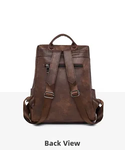 Detailed back view of a brown vintage leather backpack with adjustable straps and zipper pocket