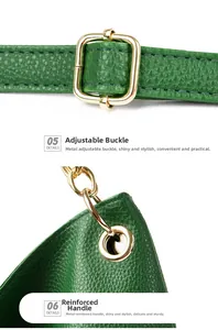 Close-up of green pebble leather bag featuring gold adjustable buckle and reinforced eyelets