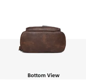 Detailed bottom view of dark brown leather backpack showing stitching and texture