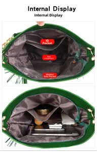 Internal view of green leather tote bag showing spacious compartments and grey lining