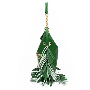 Detail of dark green punk rivet shoulder bag featuring long fringe and gold chain strap