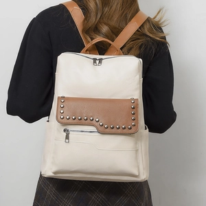 Minimalist soft PU leather backpack with rivet pocket and adjustable straps in beige and brown