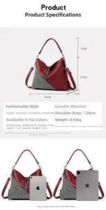 Detail view showing red tote bag dimensions and capacity compared to an iPad device