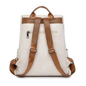 Minimalist beige and brown vintage backpack with anti-theft back pocket and adjustable straps