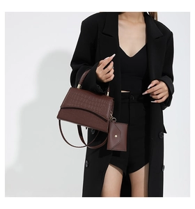 Sac à main marron motif crocodile avec poignée tressée et petit porte-cartes sur modèle