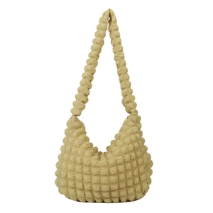 Chic light yellow hobo shoulder bag featuring popcorn pleated fabric texture