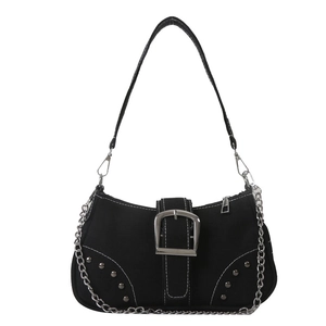 Trendy black canvas half-moon shoulder bag with silver chain and rivet details