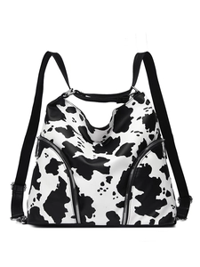 Chic cow print backpack and tote bag with adjustable straps and silver zippers