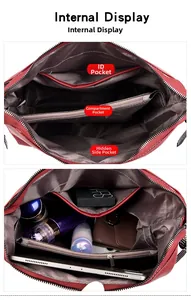 Internal display of the red leather shoulder bag with multiple compartments and pockets