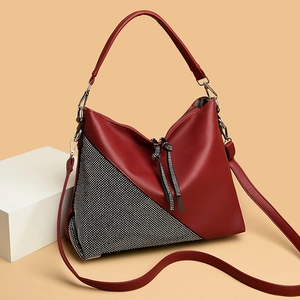 Large Capacity PU Leather Rhinestone Shoulder Bag For Women Fashion Tassel Patchwork Tote Handbag Elegant Daily Crossbody Bag