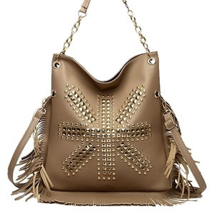 Brown bohemian tassel crossbody bag with punk metal studs and chain strap