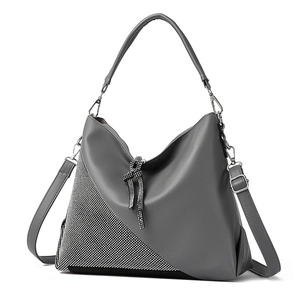 Elegant grey rhinestone crossbody handbag with textured leather and silver accents