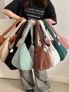 Vintage Corduroy Shoulder Bag For Women Large Capacity Hobo Bag With Puppy Pendant Simple Casual Crossbody Tote Bag