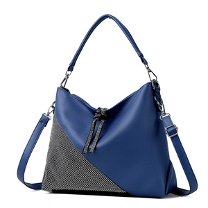 Large dark blue crossbody bag with rhinestone patch and litchi texture finish