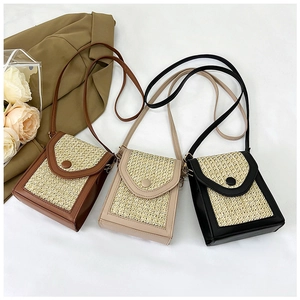 Straw weave mini crossbody bags in dark brown, apricot, and black with faux leather trim