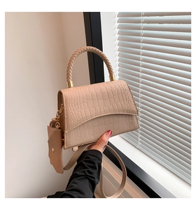 Détail d'un sac à main beige embossé crocodile avec poignée tressée et bijou