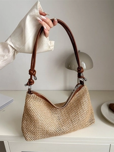 Women Woven Straw Tote Bag Fashion Vintage Large Capacity Shoulder Bag Casual Summer Vacation Beach Purse With Knotted Straps