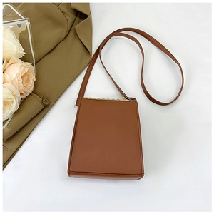 Close-up of brown rectangular crossbody bag with gold chain and thin leather strap