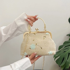 Vintage Women Floral Embroidered Woven Shoulder Bag Gold Kiss Lock Metal Handle Chain Strap Retro Crossbody Handbag