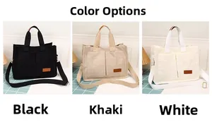 Detailed comparison of corduroy tote bags in black, khaki, and white color options