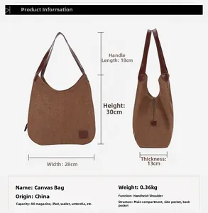 Dimensions détaillées et schéma de capacité interne du grand sac fourre-tout en toile marron
