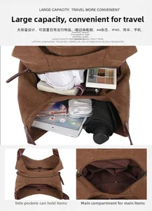 Détail du sac bandoulière en toile avec compartiments principal et latéraux spacieux