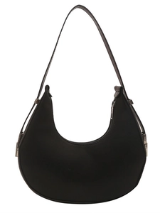 Minimalist black leather crescent hobo bag with silver metal buckles and zipper closure