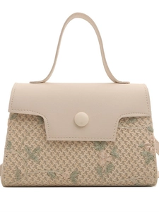 Pastel woven straw handbag with floral embroidery and white leather handles for women