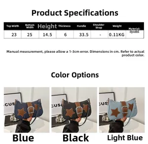 Detailed size chart and parameter table for denim star shoulder bag with metal chain