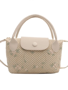Sac cabas en paille avec broderie florale rose et lanières en cuir crème pour femmes